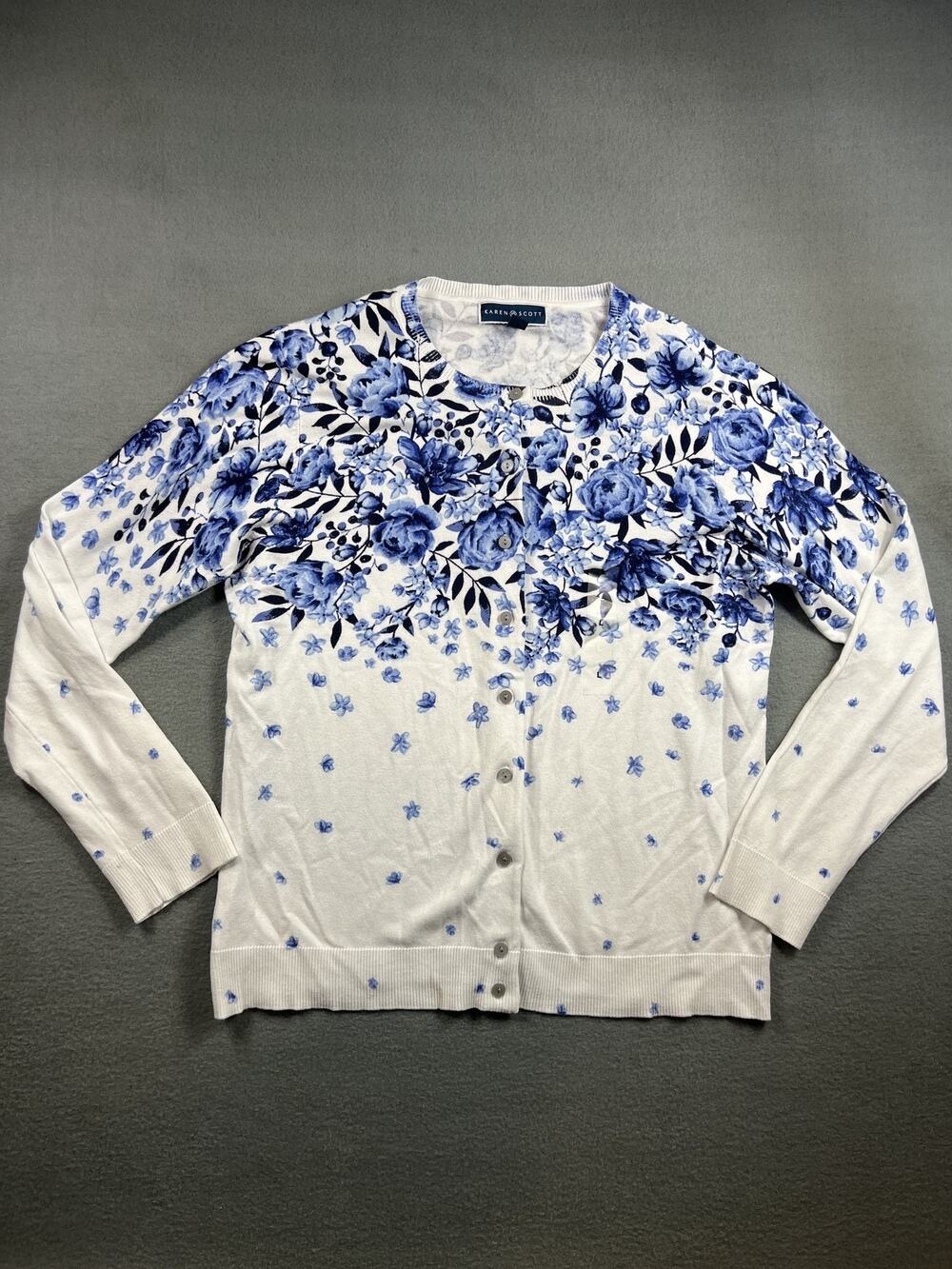Karen Scott Floral Print Cardigan - Light Blue, White, Size Large